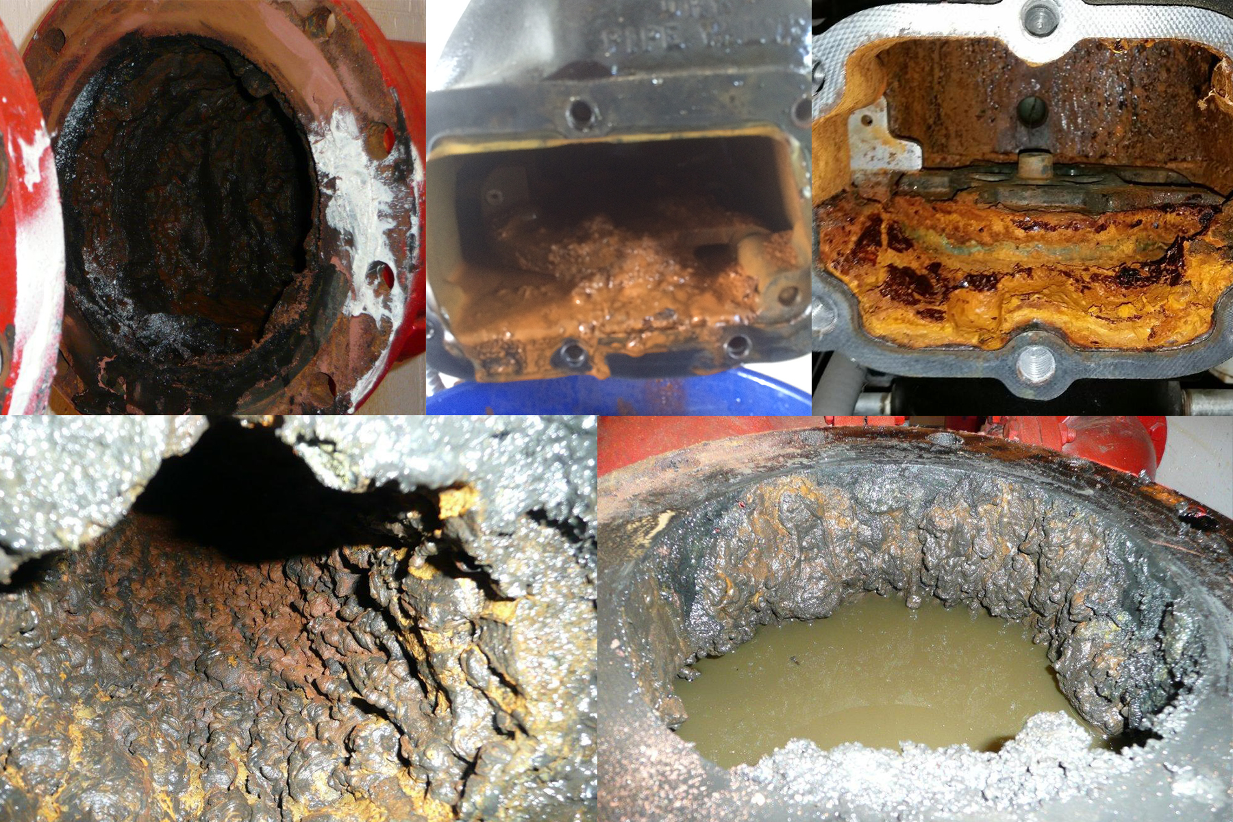 Examples of piping buildup with slime, sludge, rust, etc.